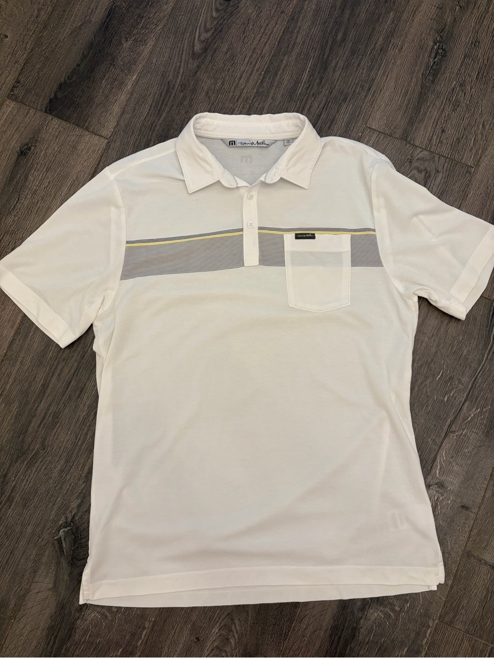 Travis Mathew White Polo with Gray and Yellow Stripe